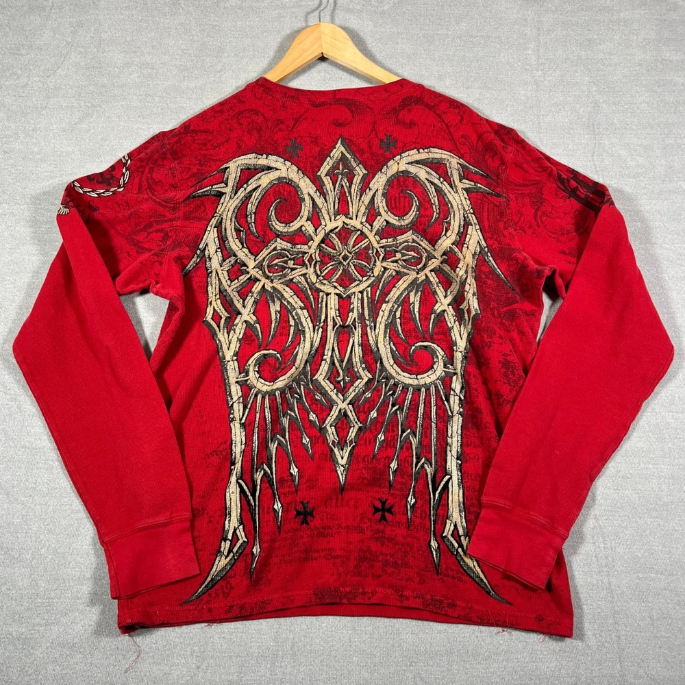 Raw State Graphic Thermal Waffle Knit Cross Wings Shirt Mens XL Red Cotton